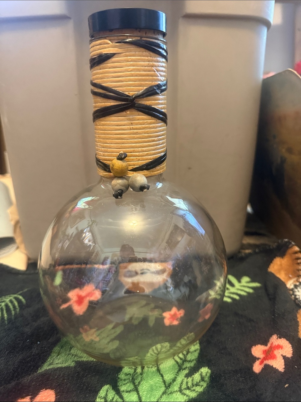 Handcrafted Clear Glass Decorative Bottle with Natural Rope Neck